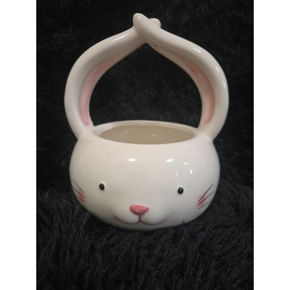Blossoms and Blooms Ceramic Easter Bunny Candy Dish Basket White & Pink Ears